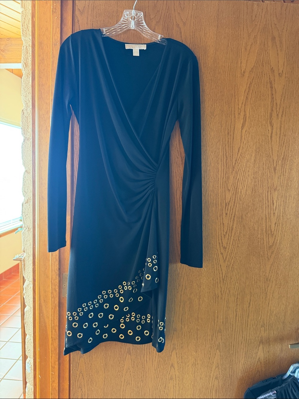 Michael Kors Black Long-Sleeve Wrap Dress with Gold Eyelet Trim
